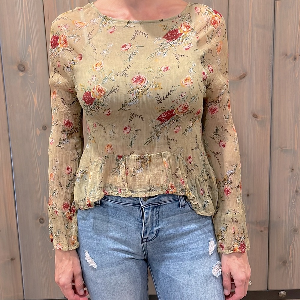 Zara Woman Denim Collection Sheer Muted Green Shirt, Sz Small